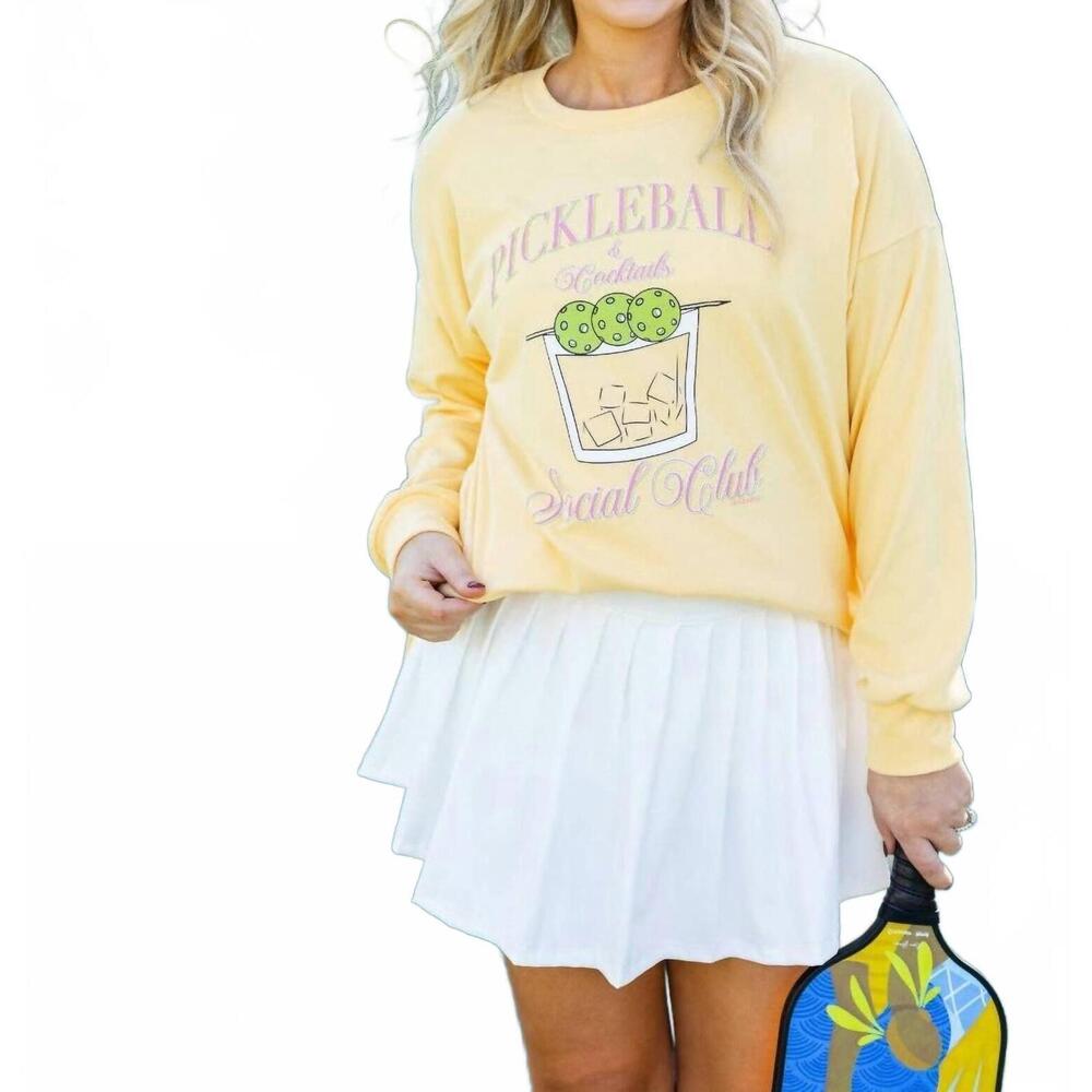 NEW SOUTHERN GRACE pickleball & cocktails crewneck top in yellow